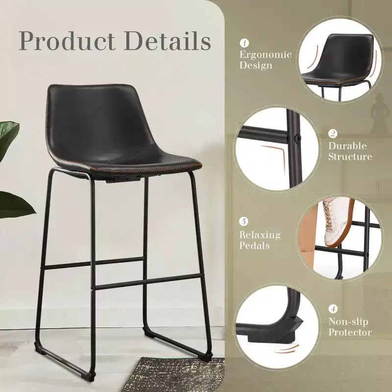 Armless Barstools Faux Leather Dining Chairs with Metal Legs and Footrest, for Home Office Kitchen Island
