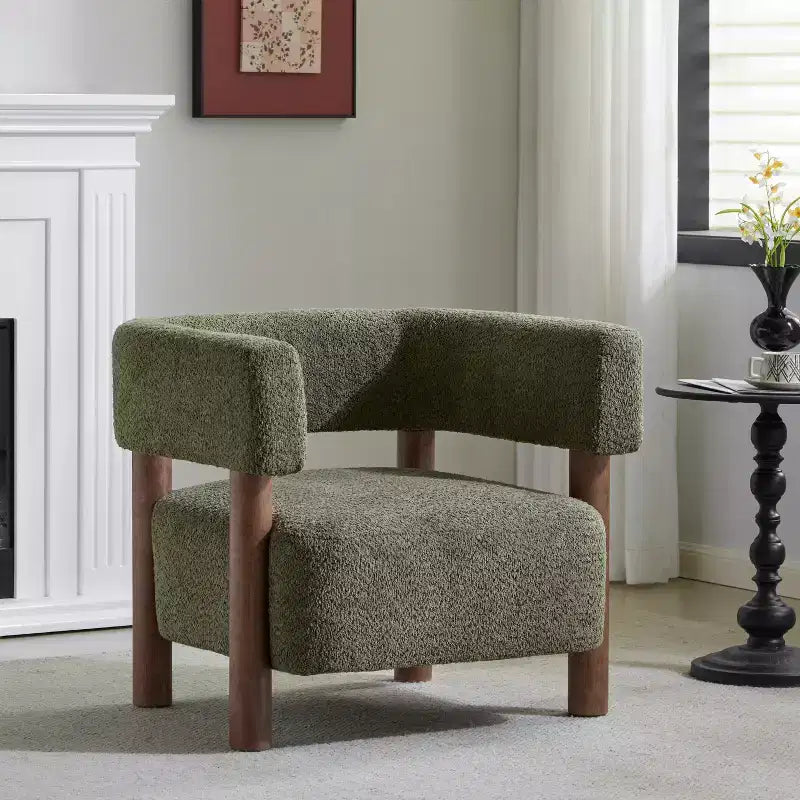 Bram Rubberwood Boucle Upholstered Accent Arm Chair with Open Curved Back