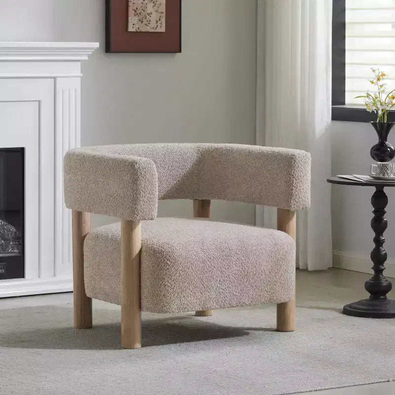 Bram Rubberwood Boucle Upholstered Accent Arm Chair with Open Curved Back