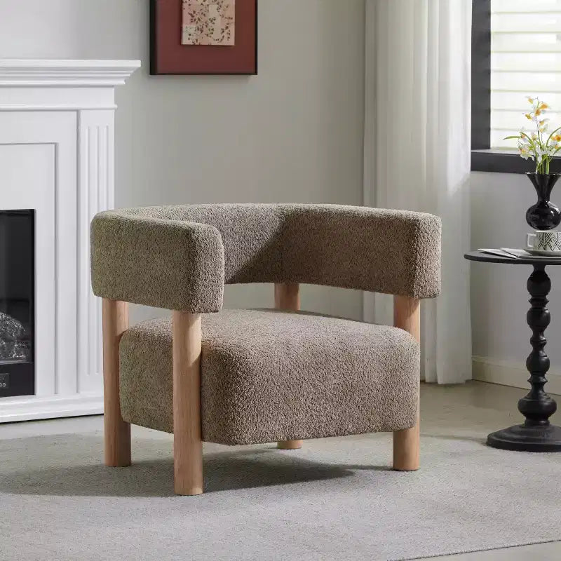 Bram Rubberwood Boucle Upholstered Accent Arm Chair with Open Curved Back