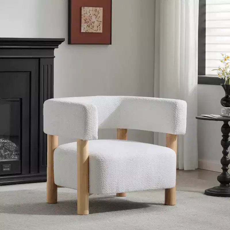 Bram Rubberwood Boucle Upholstered Accent Arm Chair with Open Curved Back