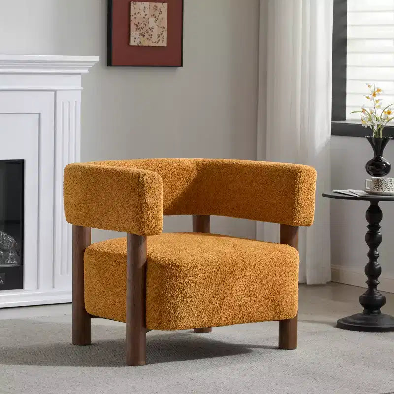 Bram Rubberwood Boucle Upholstered Accent Arm Chair with Open Curved Back