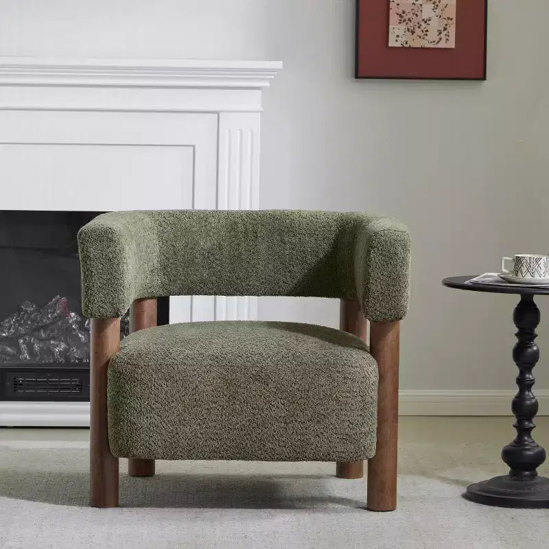 Bram Rubberwood Boucle Upholstered Accent Arm Chair with Open Curved Back