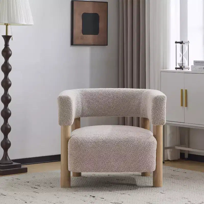 Bram Rubberwood Boucle Upholstered Accent Arm Chair with Open Curved Back
