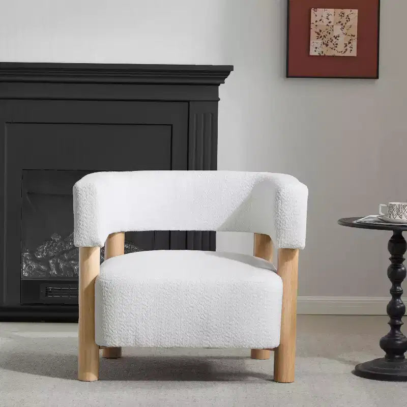 Bram Rubberwood Boucle Upholstered Accent Arm Chair with Open Curved Back