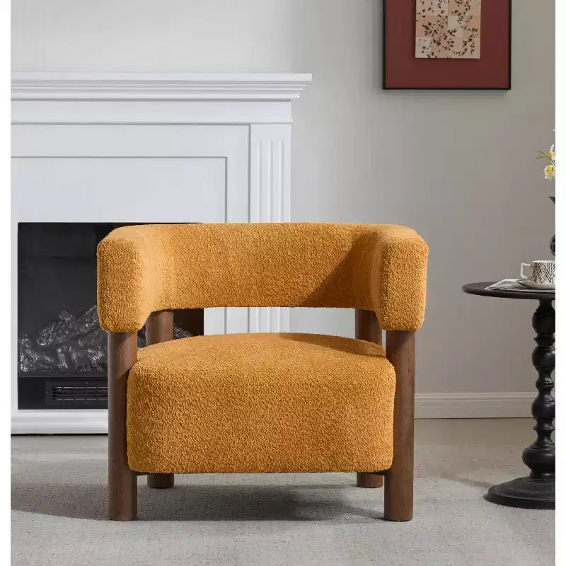 Bram Rubberwood Boucle Upholstered Accent Arm Chair with Open Curved Back