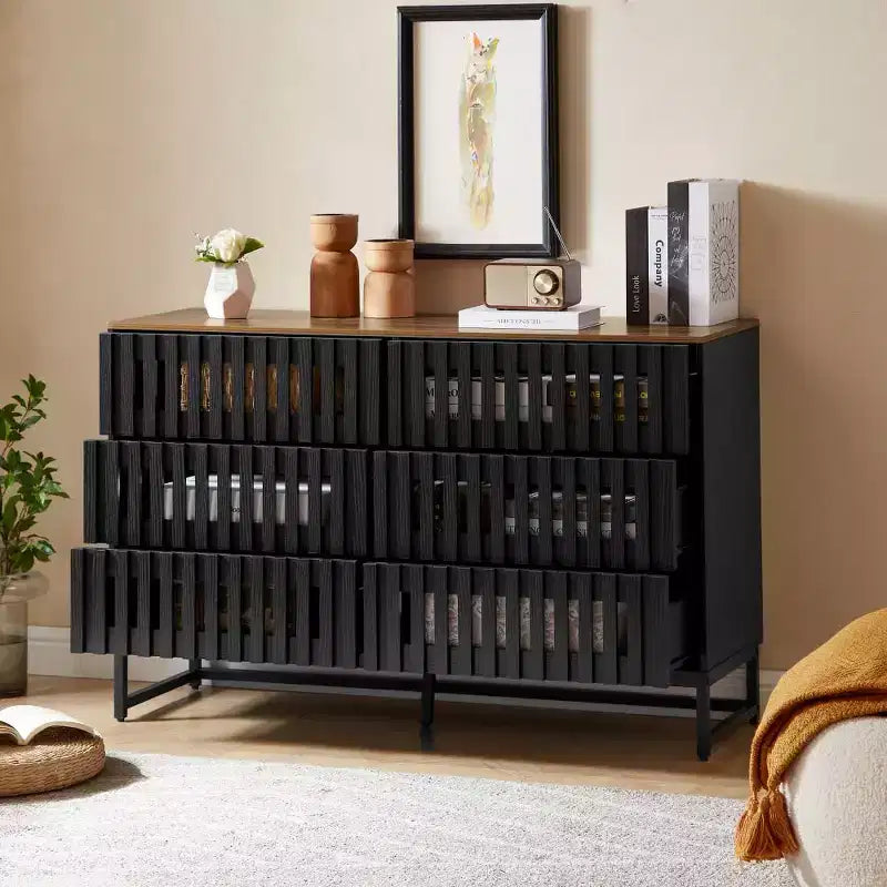 Okak Chic Slatted Dresser with 3/6 Drawers,Modern Style Chest of Drawers for Living Room,Entryway,Slatted Grille&Metal Legs,Black&Brown