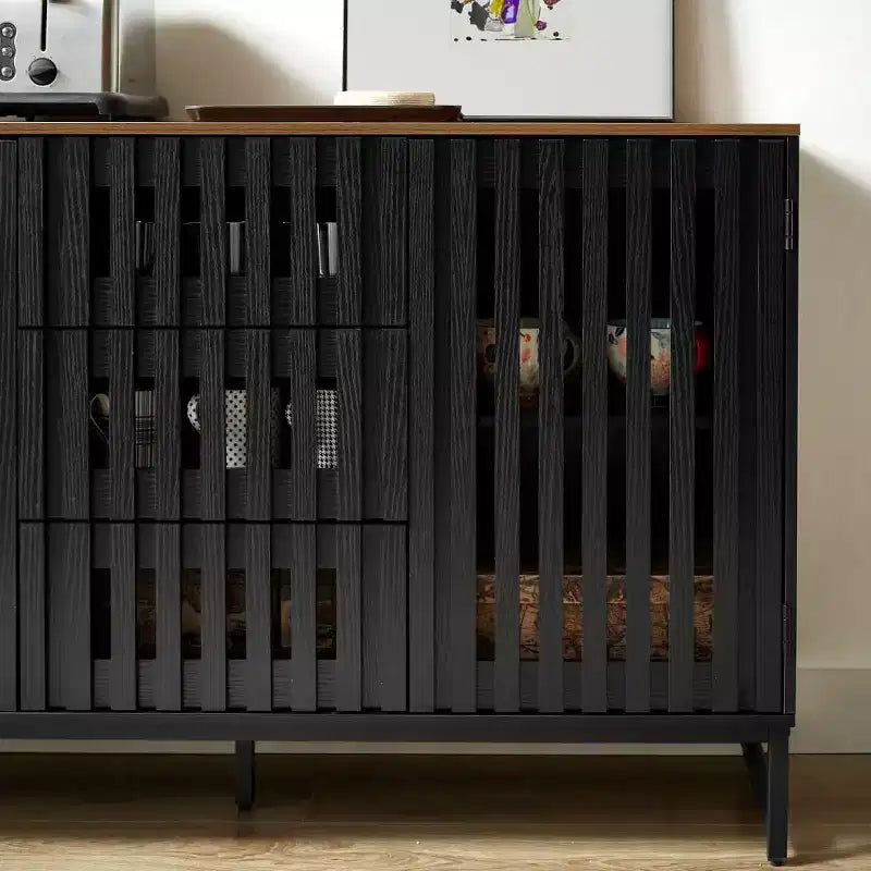 Chic Slatted Dresser with 3/6 Drawers,Modern Style Chest of Drawers for Living Room,Entryway,Slatted Grille&Metal Legs,Black&Brown