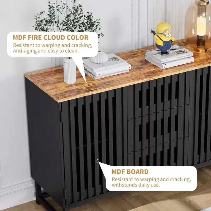 Chic Slatted Dresser with 3/6 Drawers,Modern Style Chest of Drawers for Living Room,Entryway,Slatted Grille&Metal Legs,Black&Brown