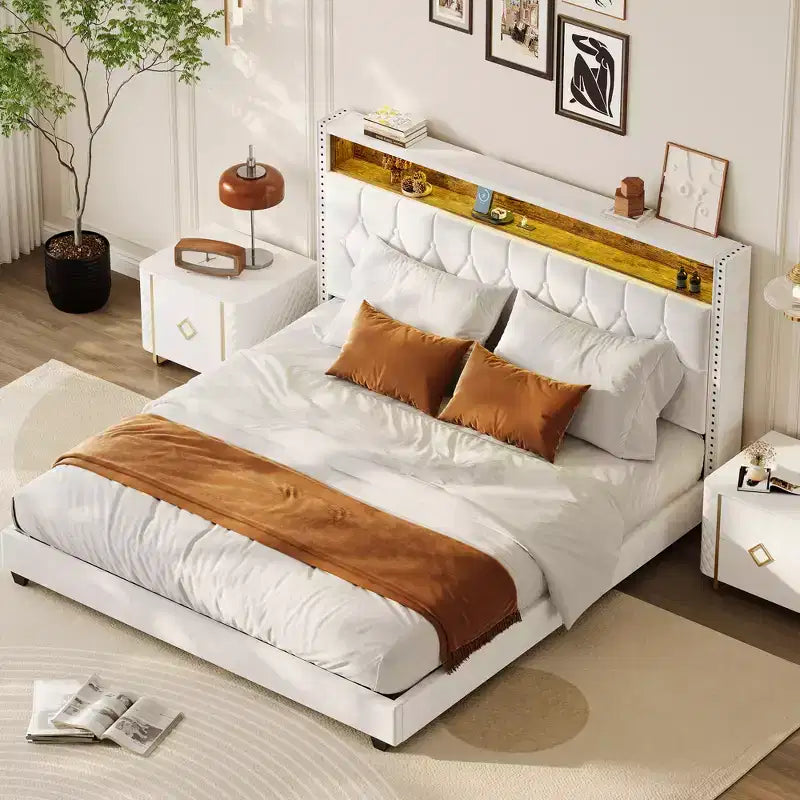 CuisinSmart Bed Frame, Upholstered Platform Bedframe with Headboard & Charging Station, No Box Spring Needed, Easy Assembly, Wood Slat Support
