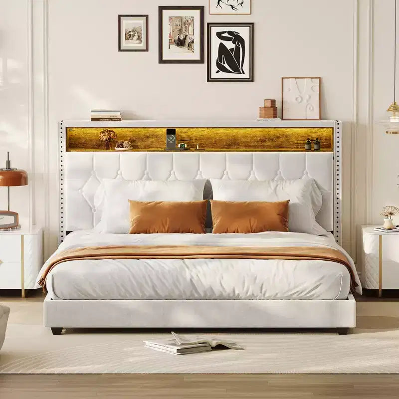 Bed Frame, Upholstered Platform Bedframe with Headboard & Charging Station, No Box Spring Needed, Easy Assembly, Wood Slat Support