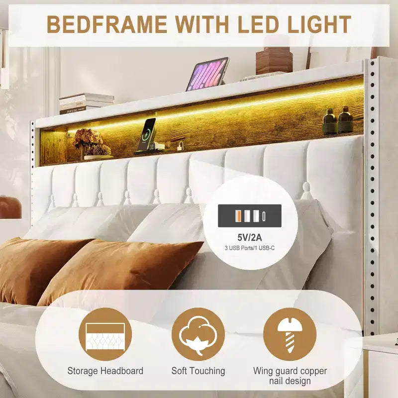 Bed Frame, Upholstered Platform Bedframe with Headboard & Charging Station, No Box Spring Needed, Easy Assembly, Wood Slat Support