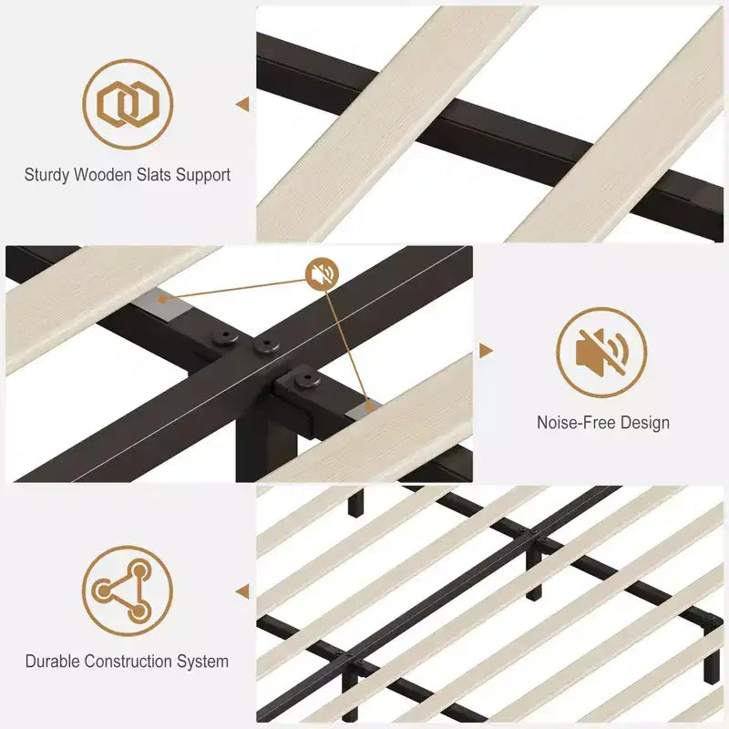 Bed Frame, Upholstered Platform Bedframe with Headboard & Charging Station, No Box Spring Needed, Easy Assembly, Wood Slat Support
