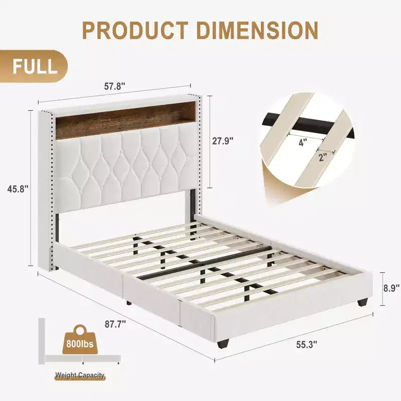 Bed Frame, Upholstered Platform Bedframe with Headboard & Charging Station, No Box Spring Needed, Easy Assembly, Wood Slat Support