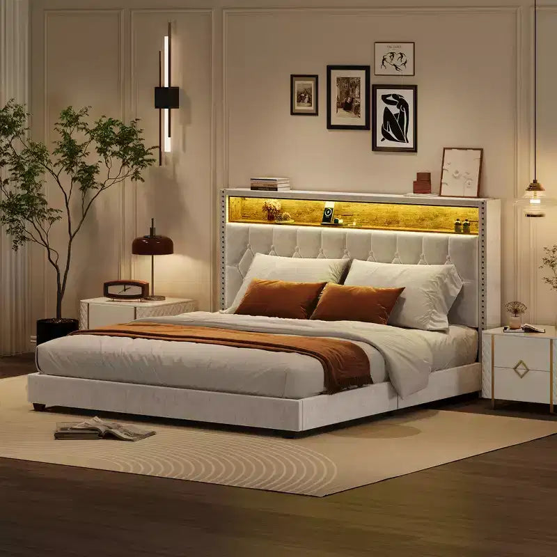 Bed Frame, Upholstered Platform Bedframe with Headboard & Charging Station, No Box Spring Needed, Easy Assembly, Wood Slat Support