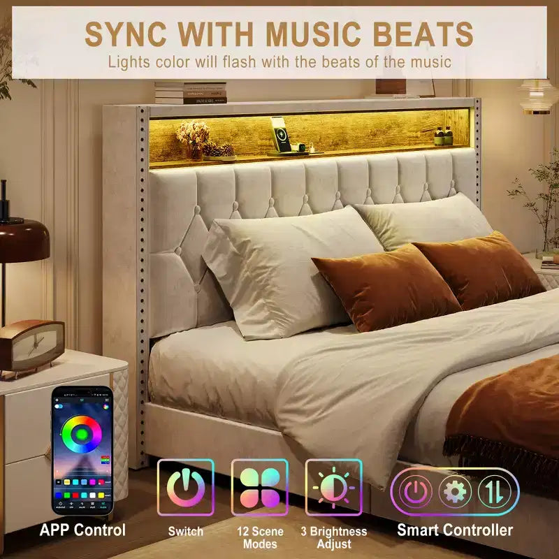 Bed Frame, Upholstered Platform Bedframe with Headboard & Charging Station, No Box Spring Needed, Easy Assembly, Wood Slat Support