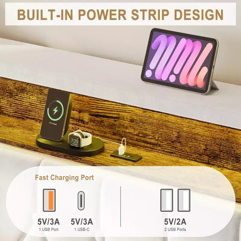 Bed Frame, Upholstered Platform Bedframe with Headboard & Charging Station, No Box Spring Needed, Easy Assembly, Wood Slat Support