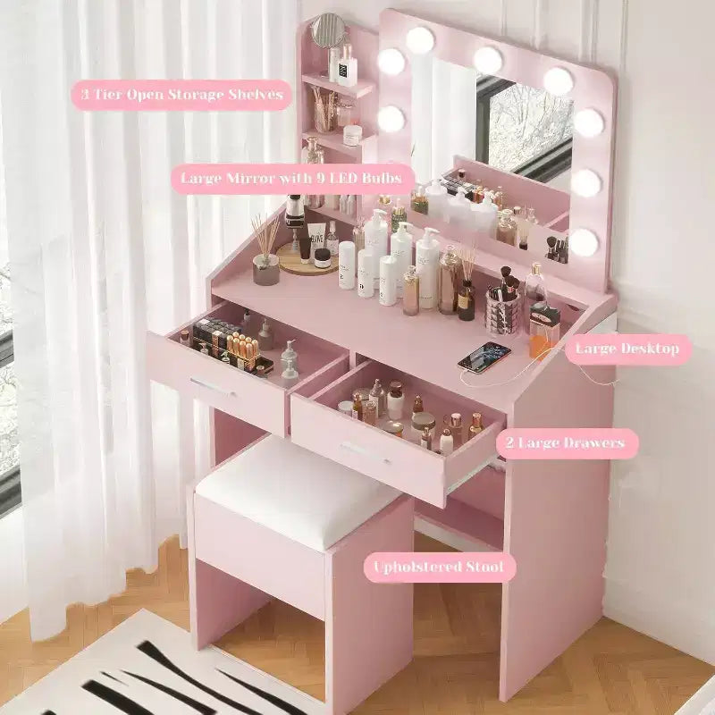 Modern Vanity Makeup Desk with Vanity Mirror, Built-in Lights, 4 Drawers, Crystal Ball Knobs, Power Outlet, White Makeup Desk for Bedroom