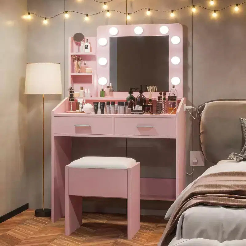 Modern Vanity Makeup Desk with Vanity Mirror, Built-in Lights, 4 Drawers, Crystal Ball Knobs, Power Outlet, White Makeup Desk for Bedroom