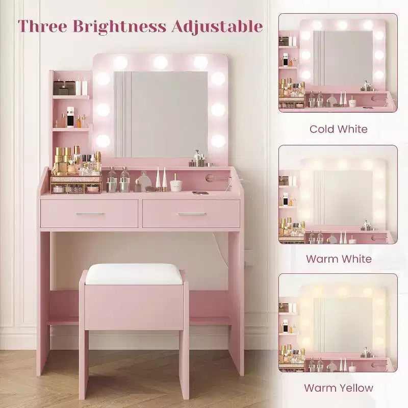 Modern Vanity Makeup Desk with Vanity Mirror, Built-in Lights, 4 Drawers, Crystal Ball Knobs, Power Outlet, White Makeup Desk for Bedroom