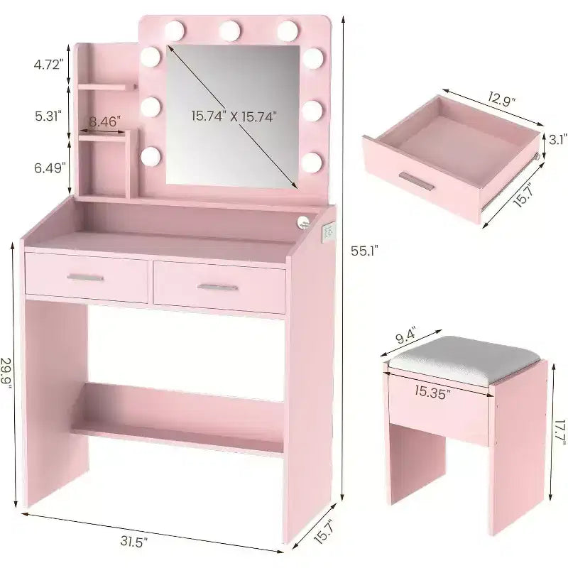 Modern Vanity Makeup Desk with Vanity Mirror, Built-in Lights, 4 Drawers, Crystal Ball Knobs, Power Outlet, White Makeup Desk for Bedroom