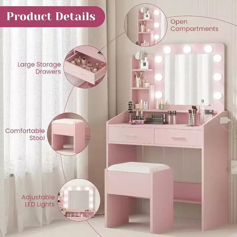 Modern Vanity Makeup Desk with Vanity Mirror, Built-in Lights, 4 Drawers, Crystal Ball Knobs, Power Outlet, White Makeup Desk for Bedroom
