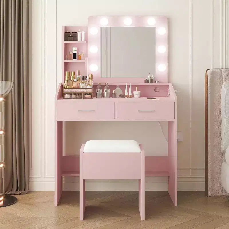 Modern Vanity Makeup Desk with Vanity Mirror, Built-in Lights, 4 Drawers, Crystal Ball Knobs, Power Outlet, White Makeup Desk for Bedroom