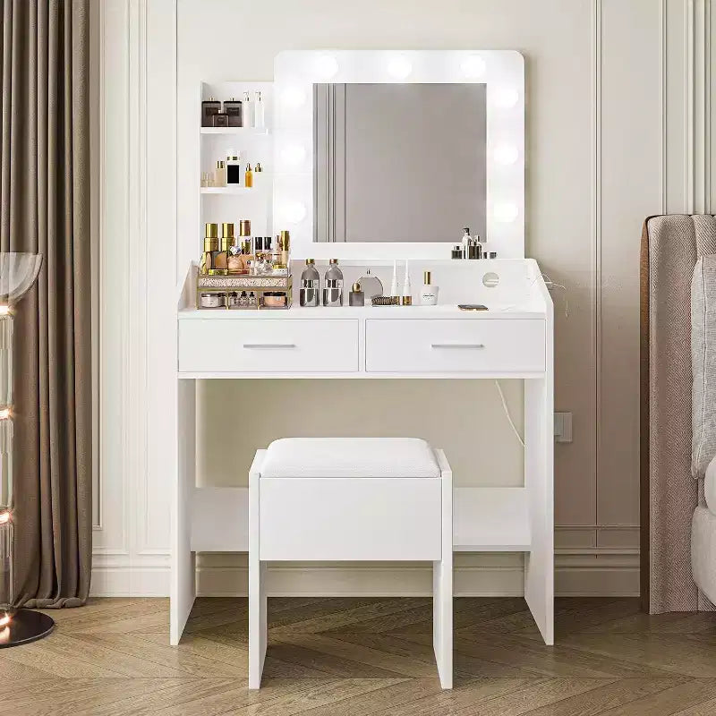 Modern Vanity Makeup Desk with Vanity Mirror, Built-in Lights, 4 Drawers, Crystal Ball Knobs, Power Outlet, White Makeup Desk for Bedroom