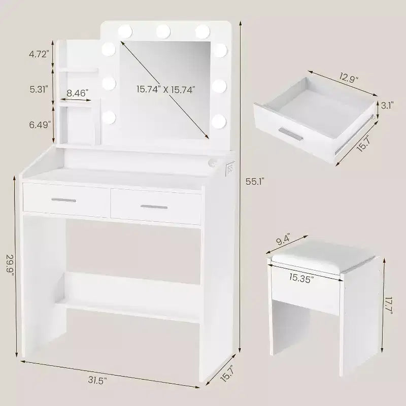 Modern Vanity Makeup Desk with Vanity Mirror, Built-in Lights, 4 Drawers, Crystal Ball Knobs, Power Outlet, White Makeup Desk for Bedroom