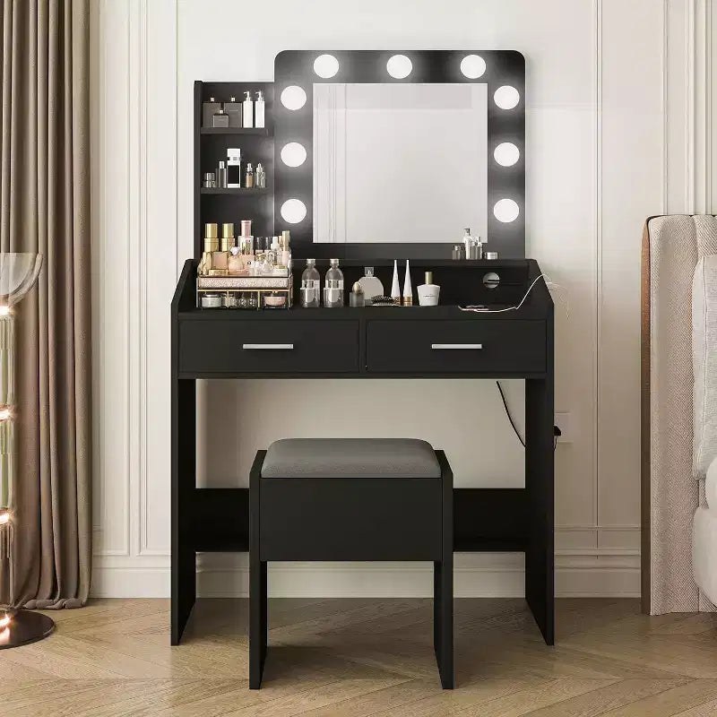 Modern Vanity Makeup Desk with Vanity Mirror, Built-in Lights, 4 Drawers, Crystal Ball Knobs, Power Outlet, White Makeup Desk for Bedroom
