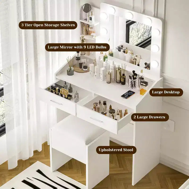Modern Vanity Makeup Desk with Vanity Mirror, Built-in Lights, 4 Drawers, Crystal Ball Knobs, Power Outlet, White Makeup Desk for Bedroom