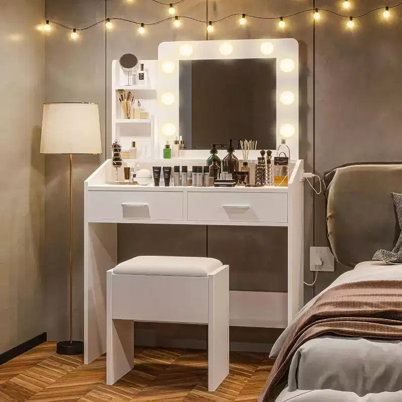 Modern Vanity Makeup Desk with Vanity Mirror, Built-in Lights, 4 Drawers, Crystal Ball Knobs, Power Outlet, White Makeup Desk for Bedroom