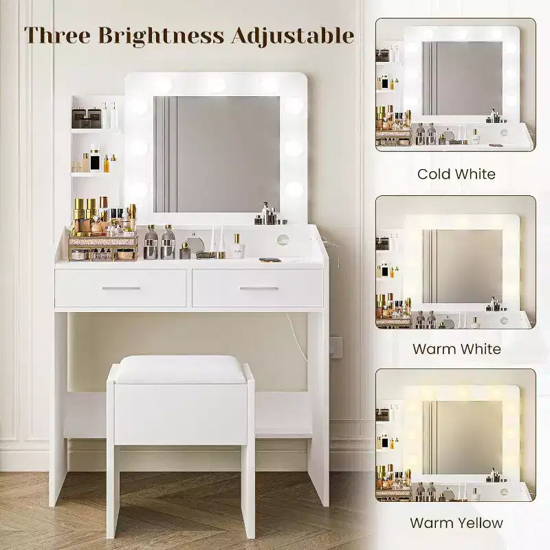 Modern Vanity Makeup Desk with Vanity Mirror, Built-in Lights, 4 Drawers, Crystal Ball Knobs, Power Outlet, White Makeup Desk for Bedroom