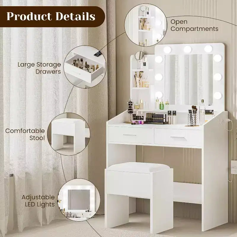 Modern Vanity Makeup Desk with Vanity Mirror, Built-in Lights, 4 Drawers, Crystal Ball Knobs, Power Outlet, White Makeup Desk for Bedroom