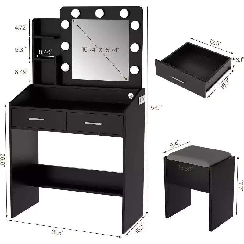 Modern Vanity Makeup Desk with Vanity Mirror, Built-in Lights, 4 Drawers, Crystal Ball Knobs, Power Outlet, White Makeup Desk for Bedroom