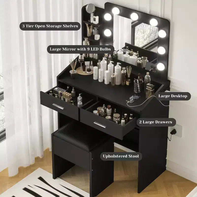 Modern Vanity Makeup Desk with Vanity Mirror, Built-in Lights, 4 Drawers, Crystal Ball Knobs, Power Outlet, White Makeup Desk for Bedroom