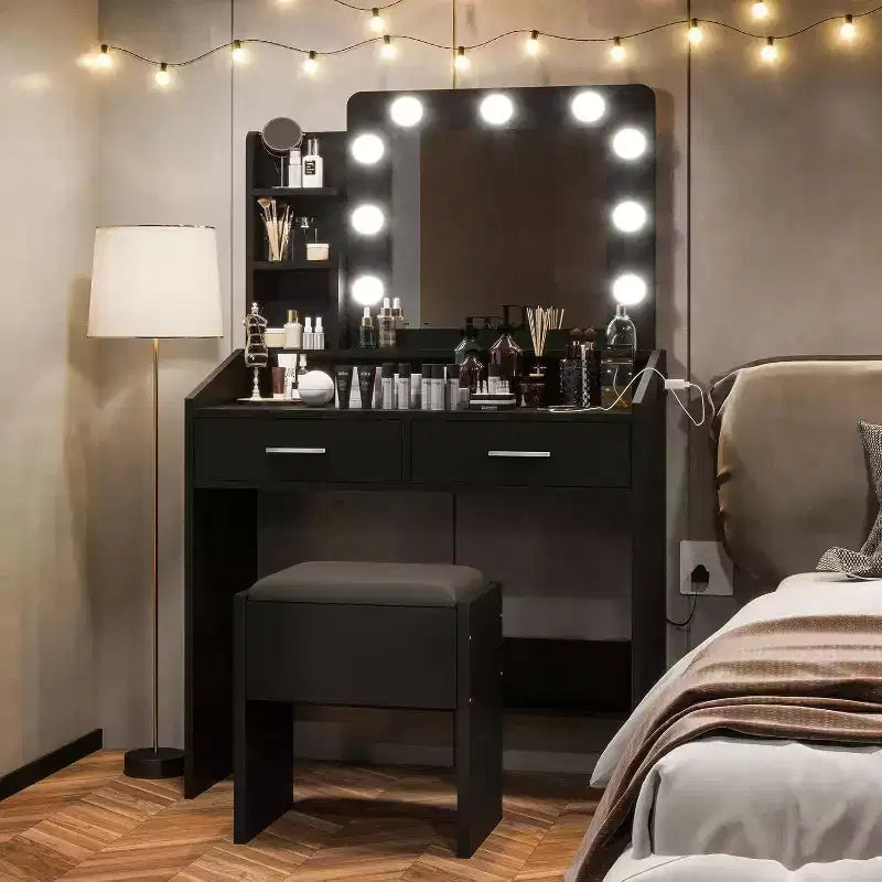 Modern Vanity Makeup Desk with Vanity Mirror, Built-in Lights, 4 Drawers, Crystal Ball Knobs, Power Outlet, White Makeup Desk for Bedroom