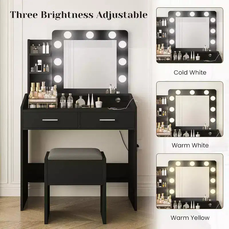 Modern Vanity Makeup Desk with Vanity Mirror, Built-in Lights, 4 Drawers, Crystal Ball Knobs, Power Outlet, White Makeup Desk for Bedroom