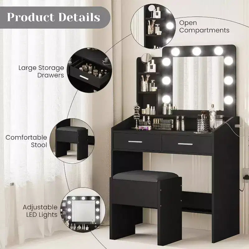 Modern Vanity Makeup Desk with Vanity Mirror, Built-in Lights, 4 Drawers, Crystal Ball Knobs, Power Outlet, White Makeup Desk for Bedroom