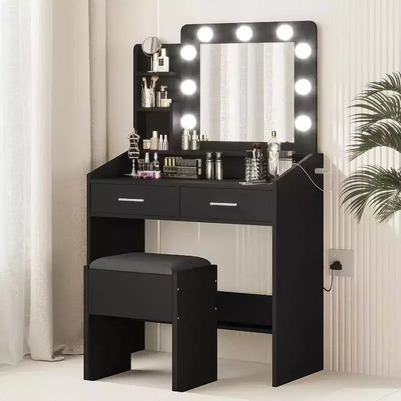 Modern Vanity Makeup Desk with Vanity Mirror, Built-in Lights, 4 Drawers, Crystal Ball Knobs, Power Outlet, White Makeup Desk for Bedroom