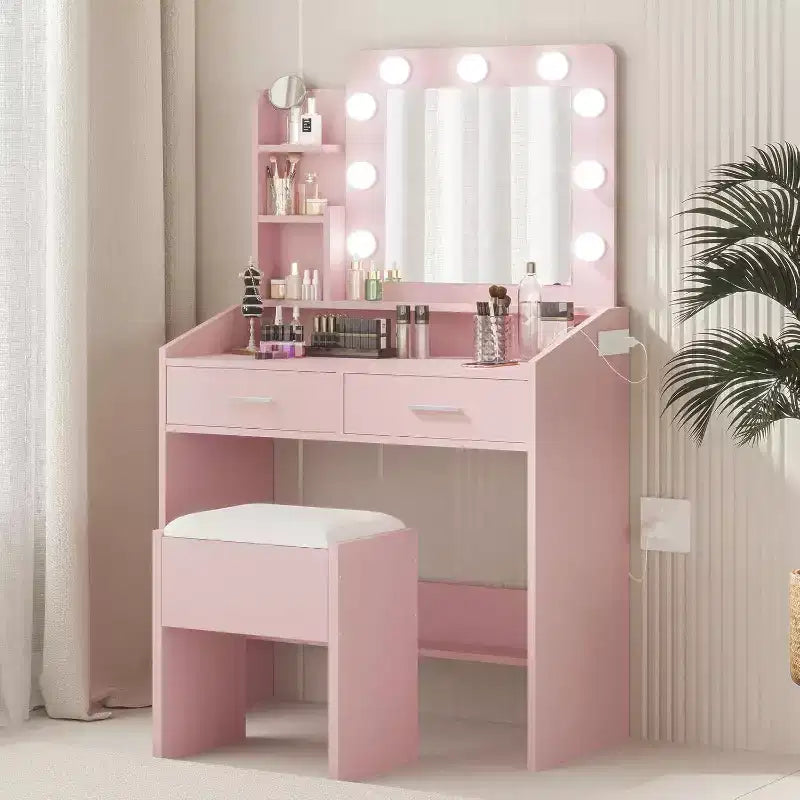 Modern Vanity Makeup Desk with Vanity Mirror, Built-in Lights, 4 Drawers, Crystal Ball Knobs, Power Outlet, White Makeup Desk for Bedroom