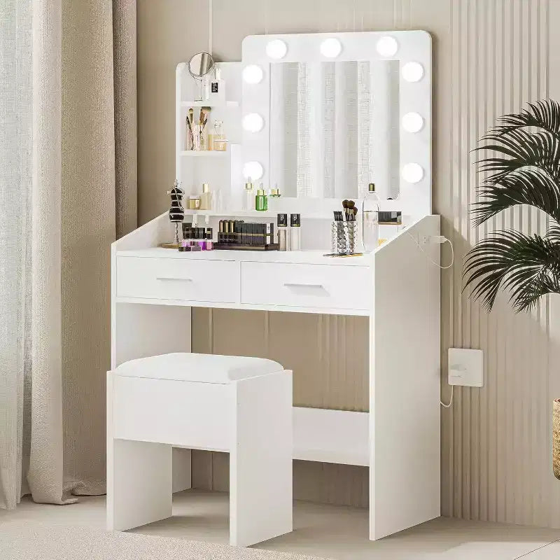 Modern Vanity Makeup Desk with Vanity Mirror, Built-in Lights, 4 Drawers, Crystal Ball Knobs, Power Outlet, White Makeup Desk for Bedroom