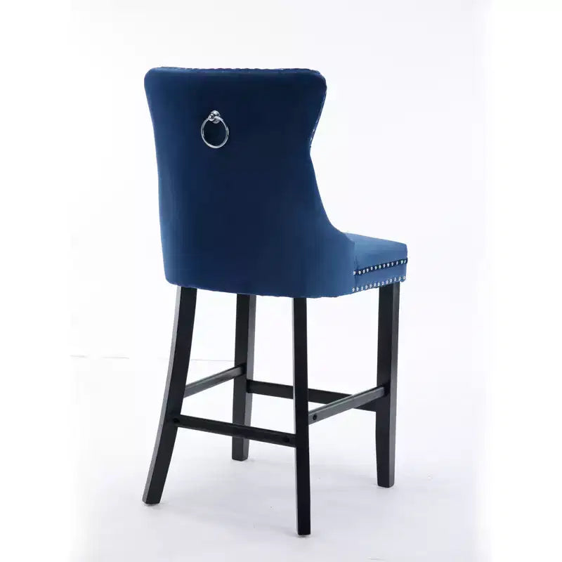 Set of 2 Bar Chairs, Contemporary Velvet Upholstered Barstools with Button Tufted Decoration and Wooden Legs