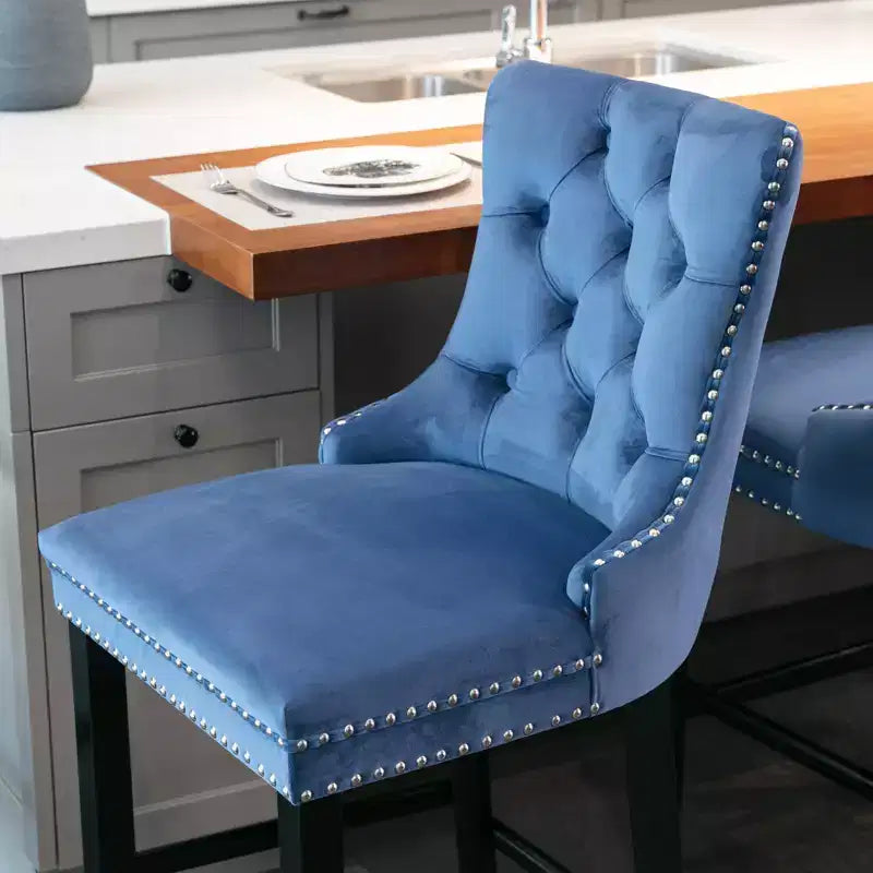 Set of 2 Bar Chairs, Contemporary Velvet Upholstered Barstools with Button Tufted Decoration and Wooden Legs