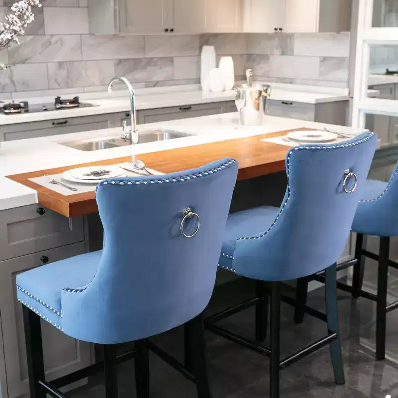 Set of 2 Bar Chairs, Contemporary Velvet Upholstered Barstools with Button Tufted Decoration and Wooden Legs