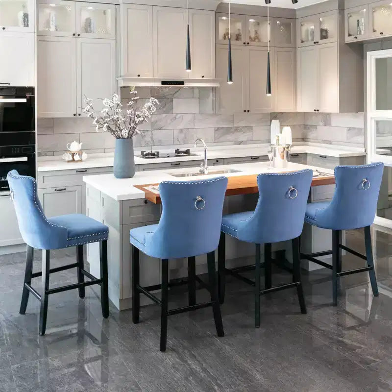 Set of 2 Bar Chairs, Contemporary Velvet Upholstered Barstools with Button Tufted Decoration and Wooden Legs