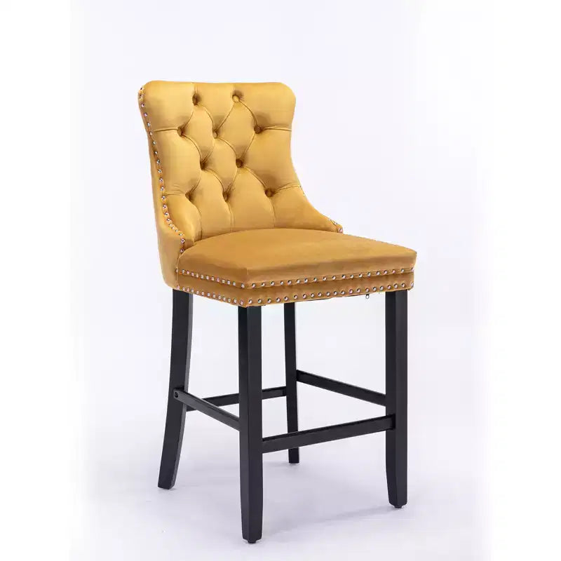 Set of 2 Bar Chairs, Contemporary Velvet Upholstered Barstools with Button Tufted Decoration and Wooden Legs