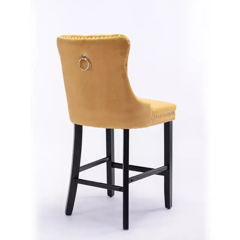 Set of 2 Bar Chairs, Contemporary Velvet Upholstered Barstools with Button Tufted Decoration and Wooden Legs