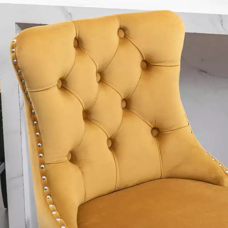Set of 2 Bar Chairs, Contemporary Velvet Upholstered Barstools with Button Tufted Decoration and Wooden Legs