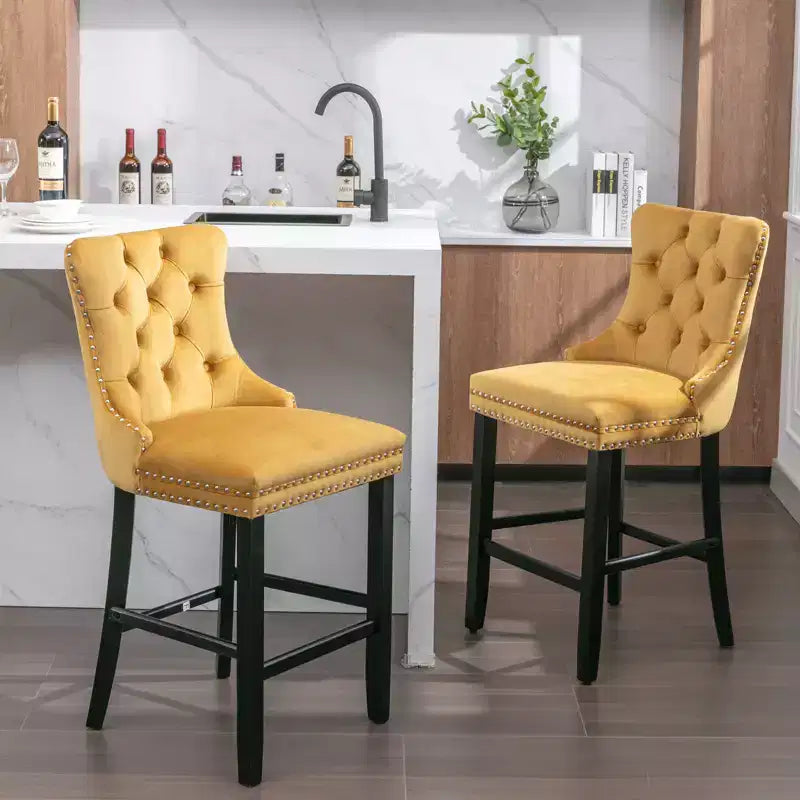 Set of 2 Bar Chairs, Contemporary Velvet Upholstered Barstools with Button Tufted Decoration and Wooden Legs
